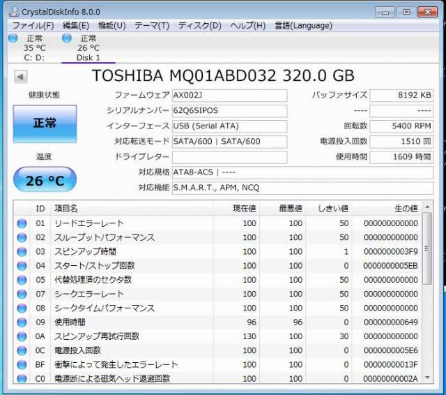 中古動作品　東芝 HDD　320GB 2.5インチ 1609時間  MQ01ABD032